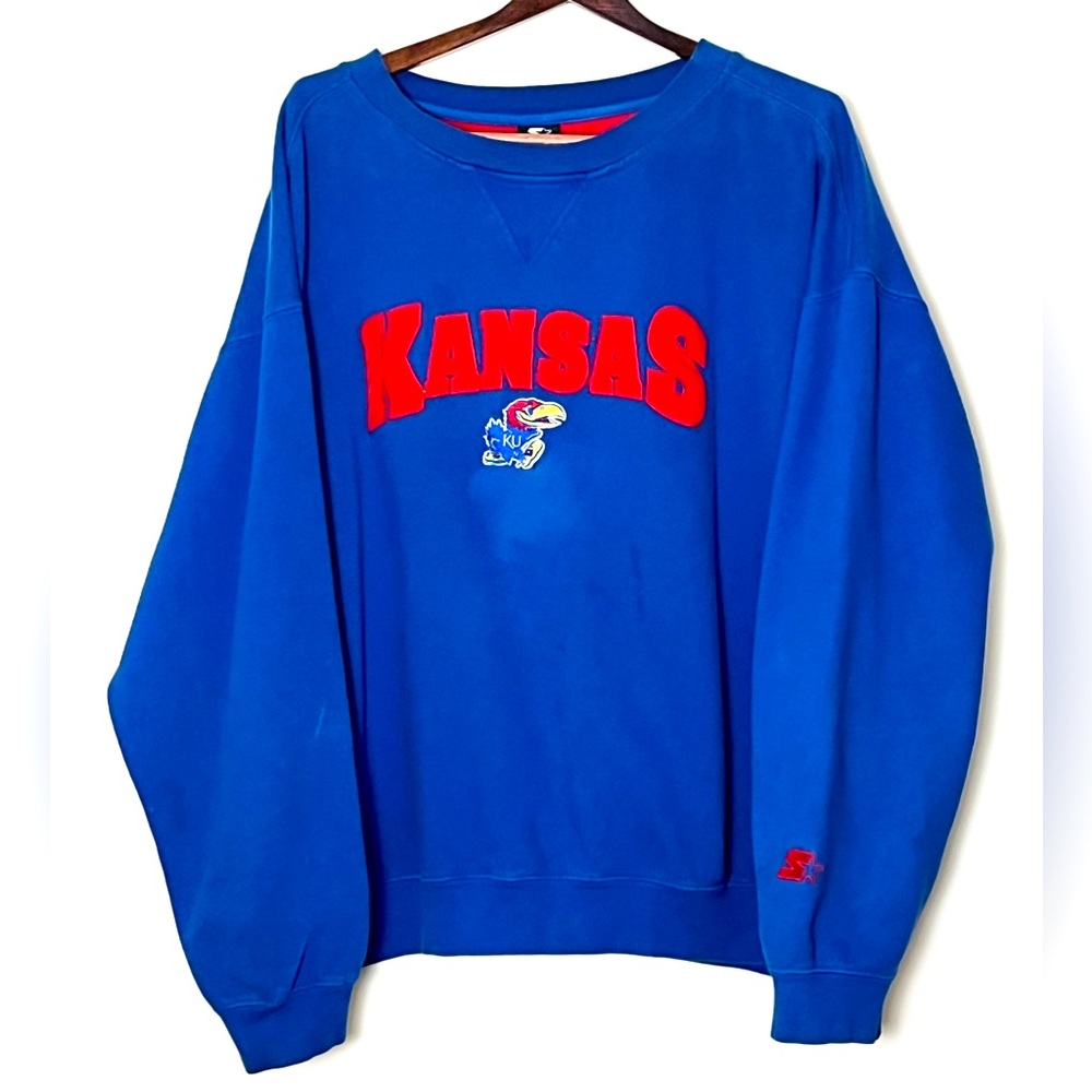 Starter Kansas Jayhawks Sweatshirt Men’s 2XL Royal‎ Blue 90s Logo NCAA College